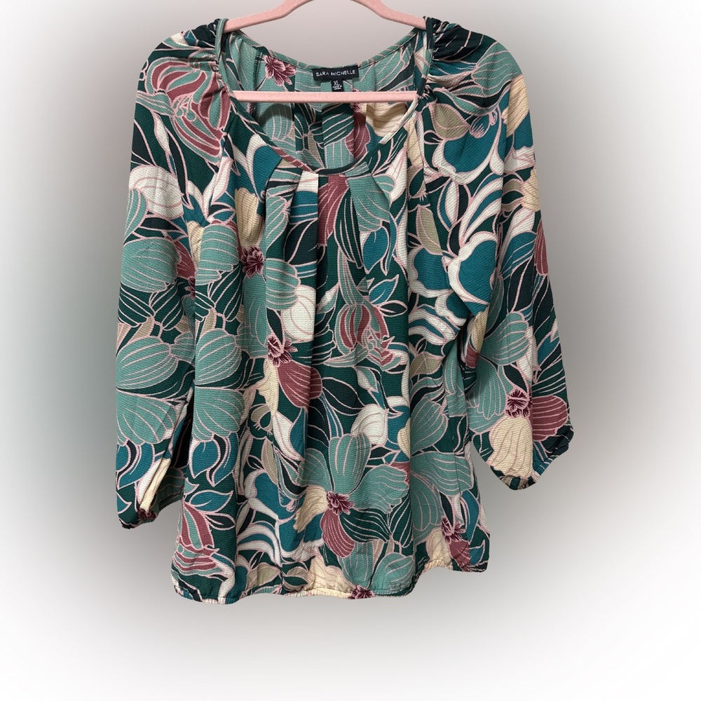 Sara Michelle Floral Blouse - Teal, Pink, Cream